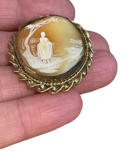 Antique Gold filled Brooch carved shell CAMEO Victorian Lady under tree
