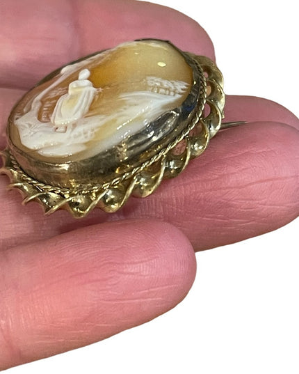 Antique Gold filled Brooch carved shell CAMEO Victorian Lady under tree