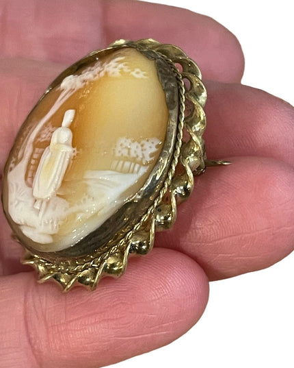 Antique Gold filled Brooch carved shell CAMEO Victorian Lady under tree