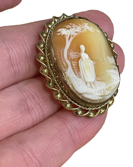 Antique Gold filled Brooch carved shell CAMEO Victorian Lady under tree