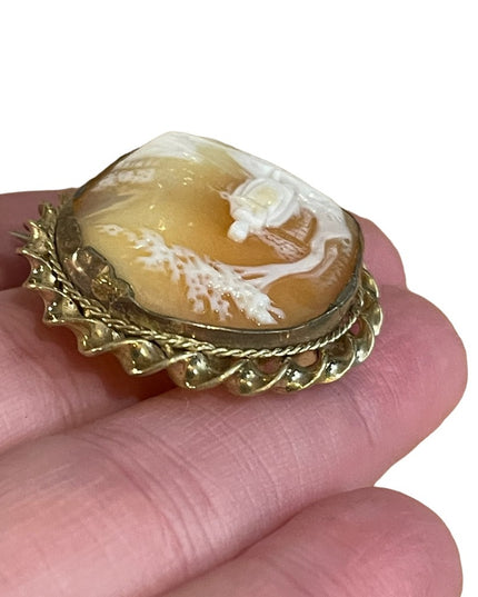 Antique Gold filled Brooch carved shell CAMEO Victorian Lady under tree