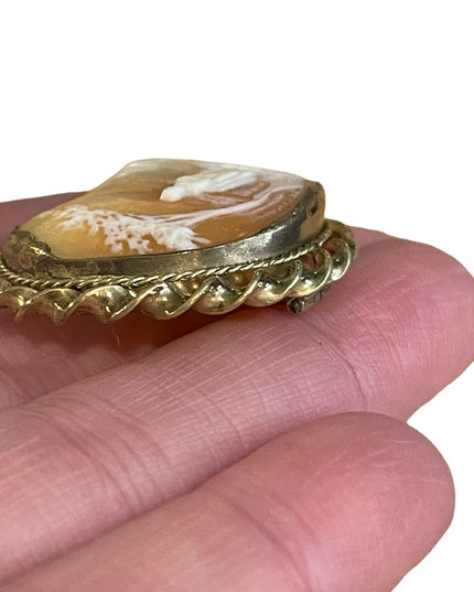 Antique Gold filled Brooch carved shell CAMEO Victorian Lady under tree