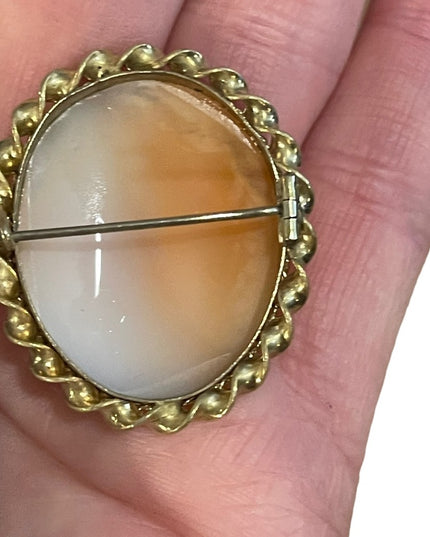 Antique Gold filled Brooch carved shell CAMEO Victorian Lady under tree
