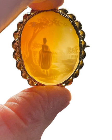 Antique Gold filled Brooch carved shell CAMEO Victorian Lady under tree