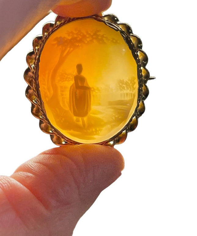 Antique Gold filled Brooch carved shell CAMEO Victorian Lady under tree