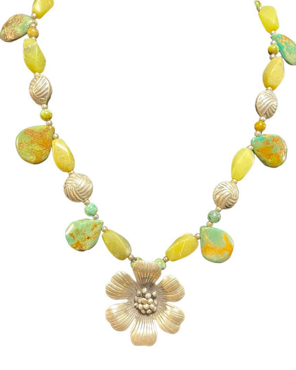 Vintage sterling silver 925 Connemara Marble & Turquois flower fancy necklace
