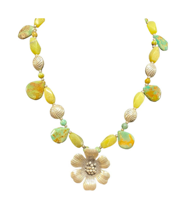 Vintage sterling silver 925 Connemara Marble & Turquois flower fancy necklace