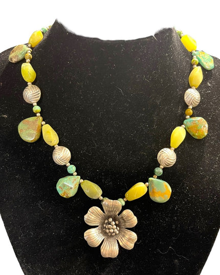 Vintage sterling silver 925 Connemara Marble & Turquois flower fancy necklace