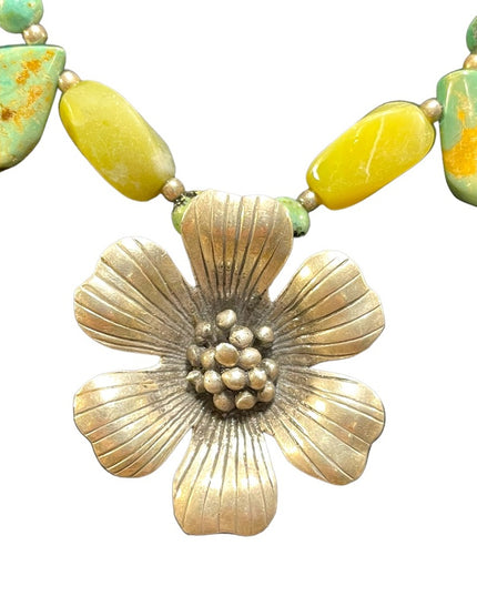 Vintage sterling silver 925 Connemara Marble & Turquois flower fancy necklace