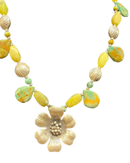 Vintage sterling silver 925 Connemara Marble & Turquois flower fancy necklace
