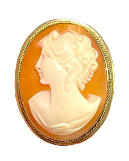Vintage 12k Gold filled 1960s Carved Shell Cameo Goddess Left facing brooch pend