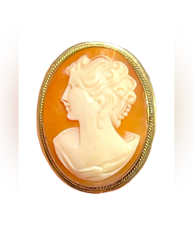 Vintage 12k Gold filled 1960s Carved Shell Cameo Goddess Left facing brooch pend