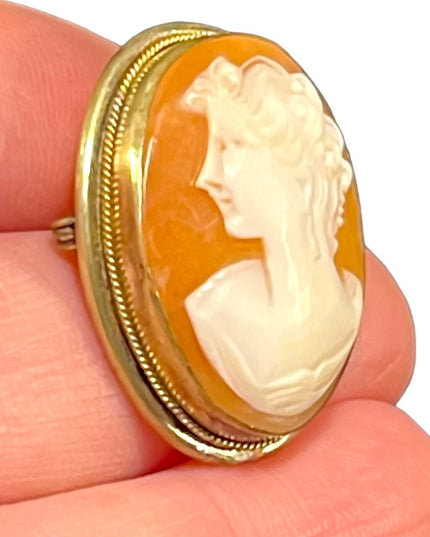 Vintage 12k Gold filled 1960s Carved Shell Cameo Goddess Left facing brooch pend