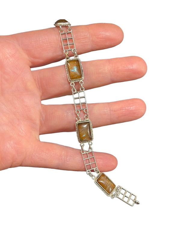 Antique Sterling silver European Glass link bracelet Art deco