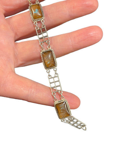 Antique Sterling silver European Glass link bracelet Art deco