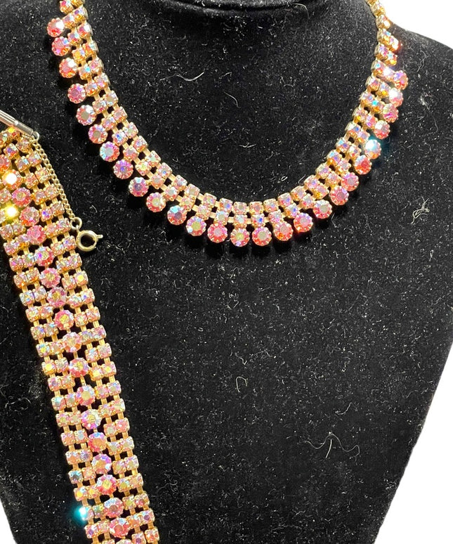 Vintage 1960s Unmarked Weiss Pink AB crystal bracelet & Necklace SET