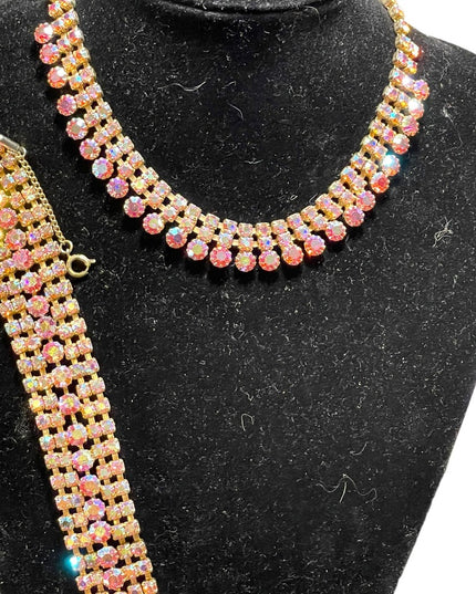 Vintage 1960s Unmarked Weiss Pink AB crystal bracelet & Necklace SET