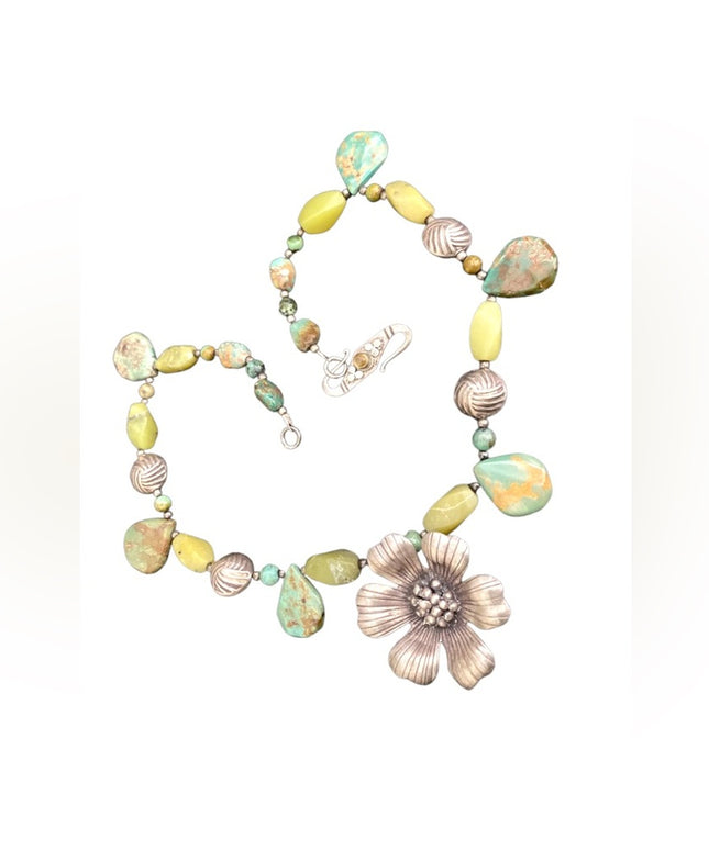 Vintage sterling silver 925 Connemara Marble & Turquois flower fancy necklace