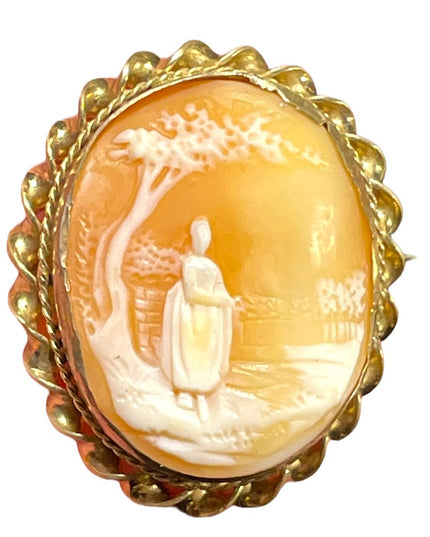 Antique Gold filled Brooch carved shell CAMEO Victorian Lady under tree
