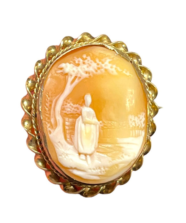 Antique Gold filled Brooch carved shell CAMEO Victorian Lady under tree