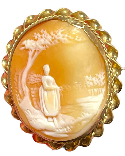 Antique Gold filled Brooch carved shell CAMEO Victorian Lady under tree