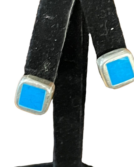 Vintage Mexico Taxco Signed Blue stone pieced earrings Southwestern style