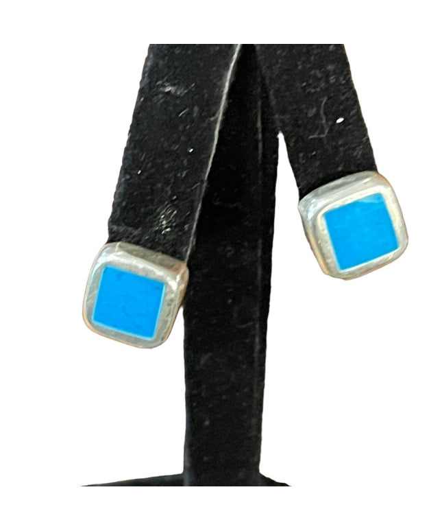 Vintage Mexico Taxco Signed Blue stone pieced earrings Southwestern style