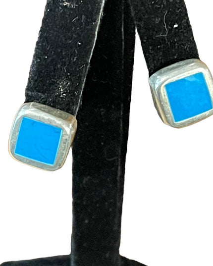 Vintage Mexico Taxco Signed Blue stone pieced earrings Southwestern style