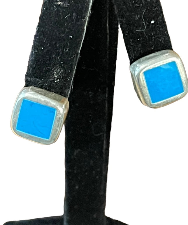 Vintage Mexico Taxco Signed Blue stone pieced earrings Southwestern style