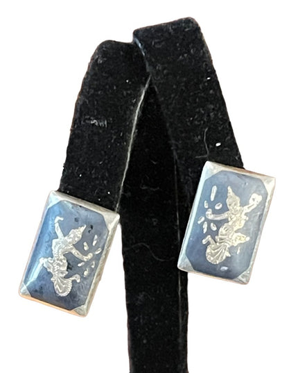 Vintage sterling silver 925 Siam sterling black enamel goddess earrings clip ons