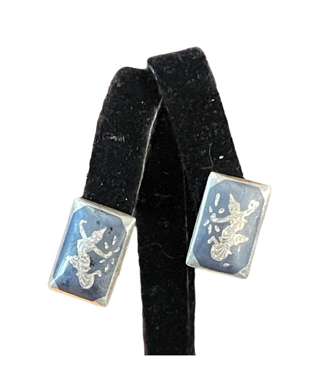 Vintage sterling silver 925 Siam sterling black enamel goddess earrings clip ons
