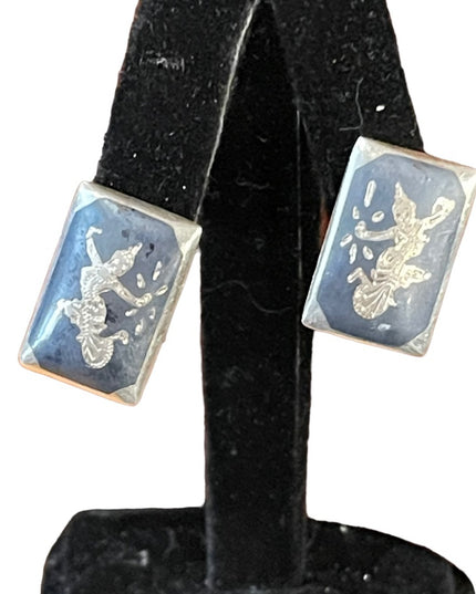 Vintage sterling silver 925 Siam sterling black enamel goddess earrings clip ons