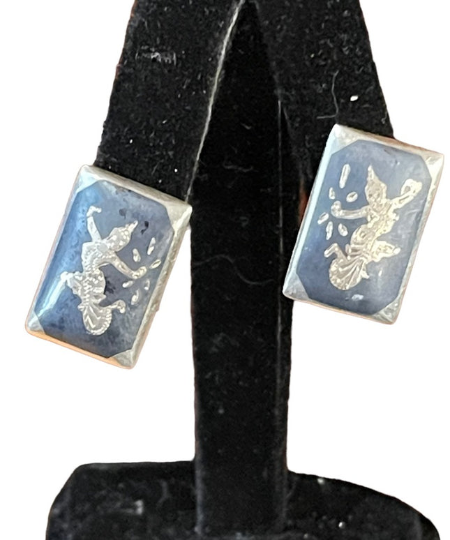 Vintage sterling silver 925 Siam sterling black enamel goddess earrings clip ons