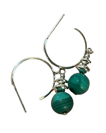 Sterling silver 925 Malachite bead dangle hoop earrings