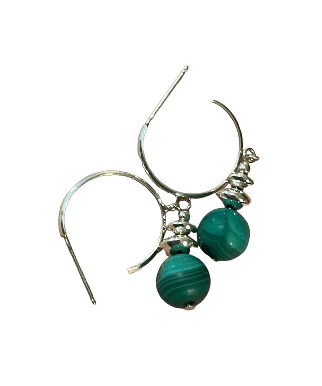 Sterling silver 925 Malachite bead dangle hoop earrings