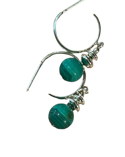 Sterling silver 925 Malachite bead dangle hoop earrings