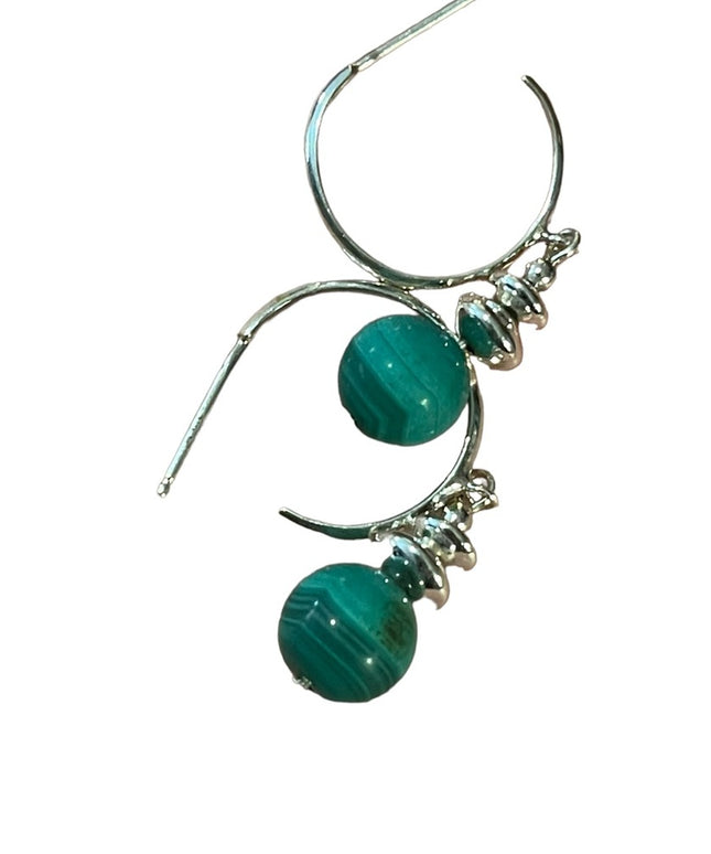Sterling silver 925 Malachite bead dangle hoop earrings