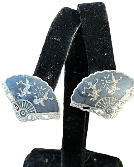 Vintage Sterling silver 925 Siam black enamel Goddess clip on earrings fan