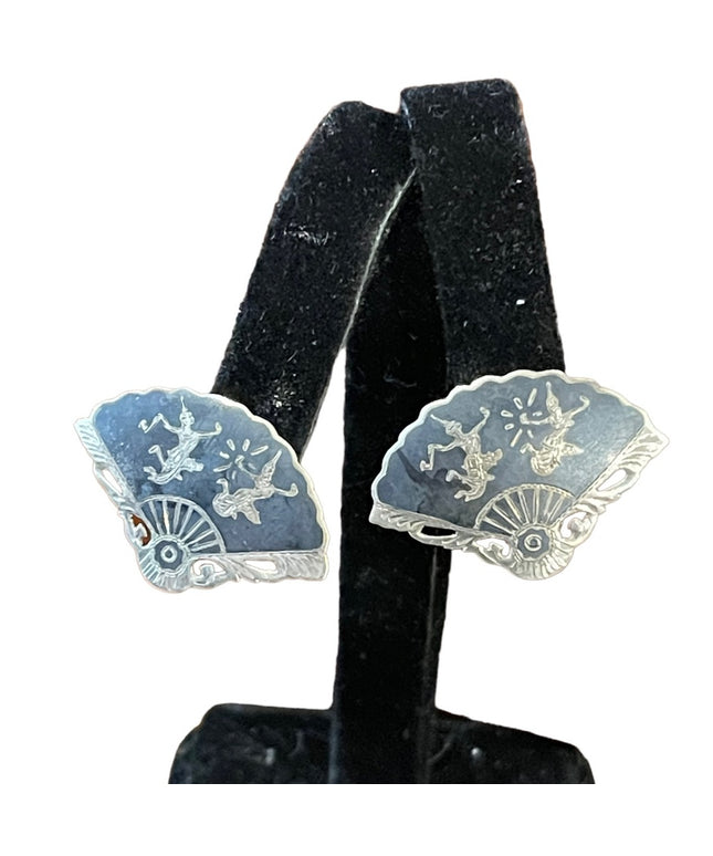 Vintage Sterling silver 925 Siam black enamel Goddess clip on earrings fan