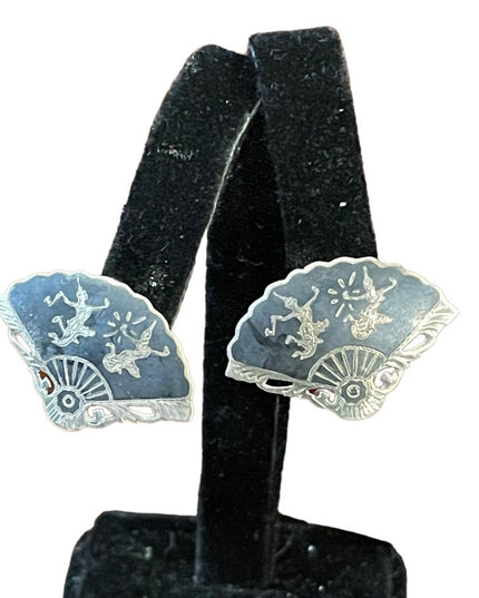Vintage Sterling silver 925 Siam black enamel Goddess clip on earrings fan