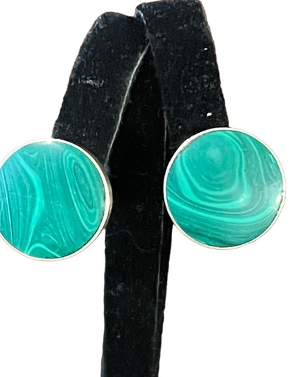 Vintage Chunky heavy Mexico Taxco signed Malachite sterling silver earrings clip