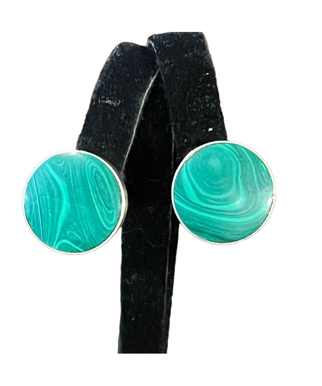 Vintage Chunky heavy Mexico Taxco signed Malachite sterling silver earrings clip