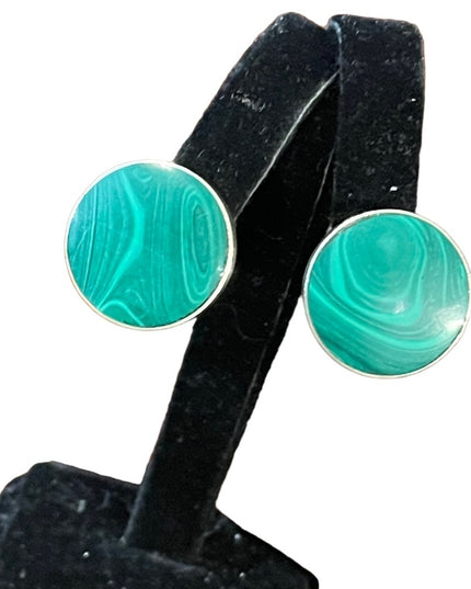 Vintage Chunky heavy Mexico Taxco signed Malachite sterling silver earrings clip