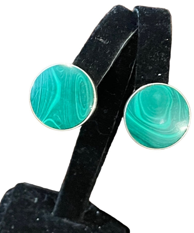 Vintage Chunky heavy Mexico Taxco signed Malachite sterling silver earrings clip