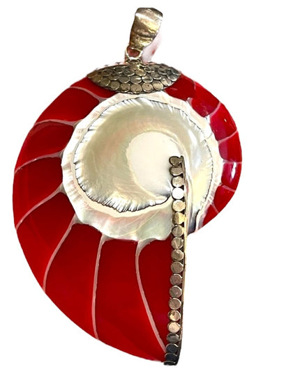 Red sterling silver 925 XL fancy Nautilus Shell necklace pendant
