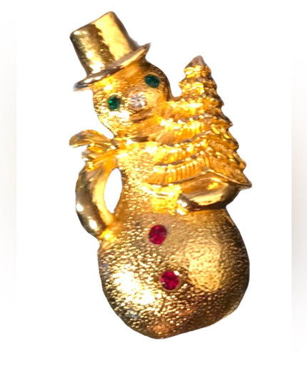 Gold finish fancy winter holiday Rhinestone snowman christmas brooch frosty