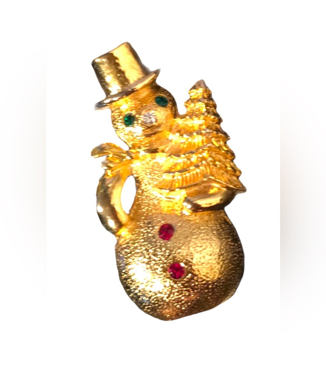 Gold finish fancy winter holiday Rhinestone snowman christmas brooch frosty