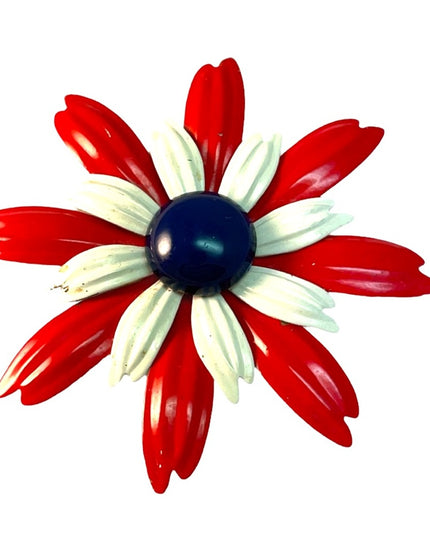 Vintage RWB Metal flower C1960s Brooch Red white blue nautical Patriotic