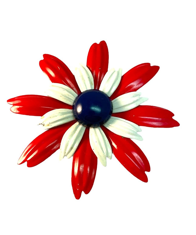 Vintage RWB Metal flower C1960s Brooch Red white blue nautical Patriotic