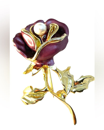 Gold plated finish pink enamel flower brooch faux pearl